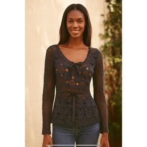 CROCHET TOP FITS M BLACK BLUE FLORAL FAIRY GOTH WITCHY SHEER BOHEMIAN LACE CHIC